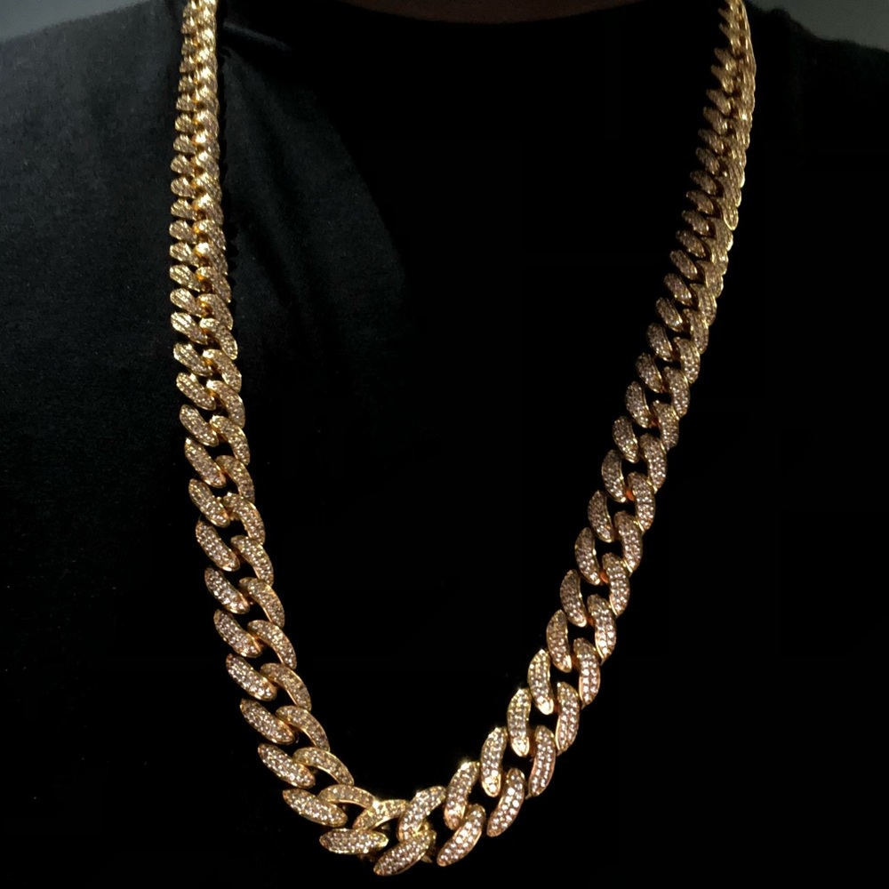 Brass 13mm 18K GP Miami Cuban 30” chain CZ diamond